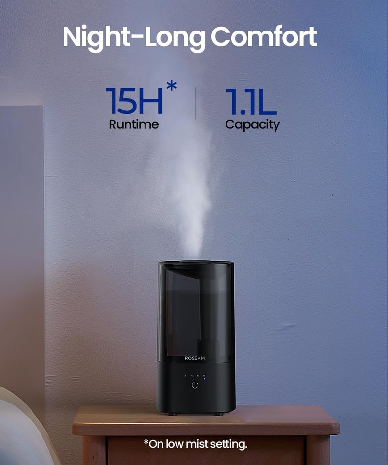 Rosekm Humidifiers for Bedroom (1.1L), Small Cool Mist Humidifier for Home Plant and Baby Nursery, Quiet Ultrasonic Humidifier with 360° Nozzle, Auto Shut-Off, Filterless, Black - Image 3